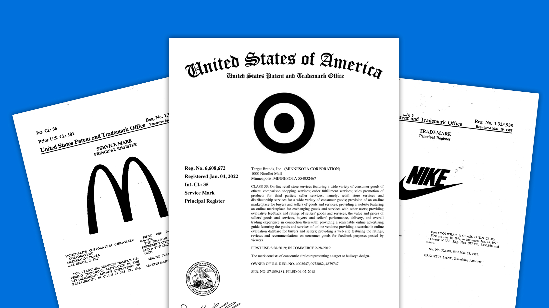 Trademark registration certificates for Mcdonald's, Tarket and NIke Swoosh logos