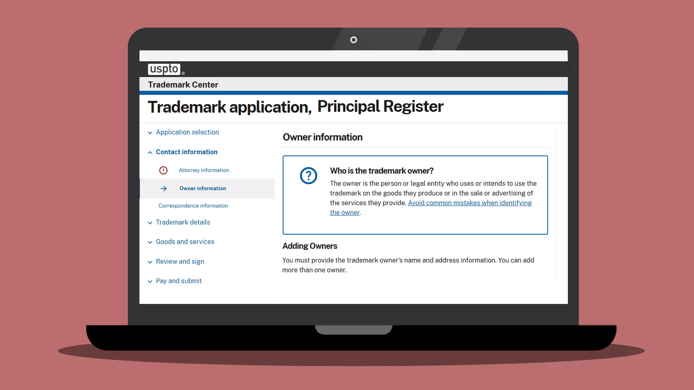 A drawing of a laptop showing a USPTO trademark application with the question: Who is the trademark owner?