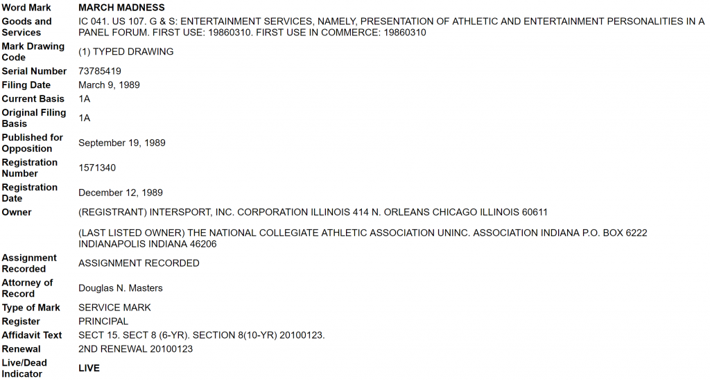 Copy of "MARCH MADNESS" USPTO Filing