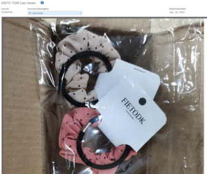 Image of packaged hair bands in a cardboard box. This was uploaded to the USPTO site.
