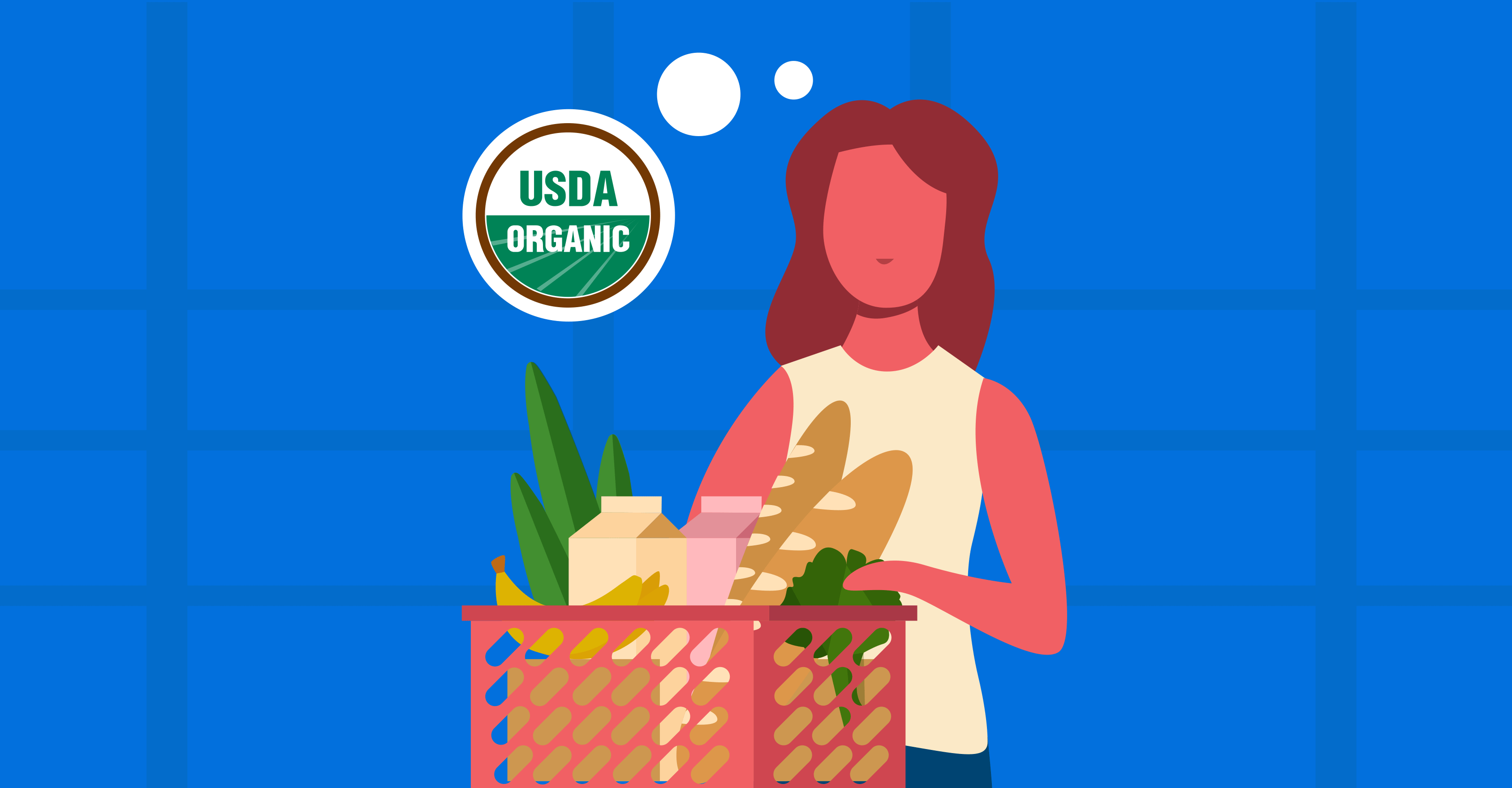 woman with shopping basket thinking of "USDA Organic" foods