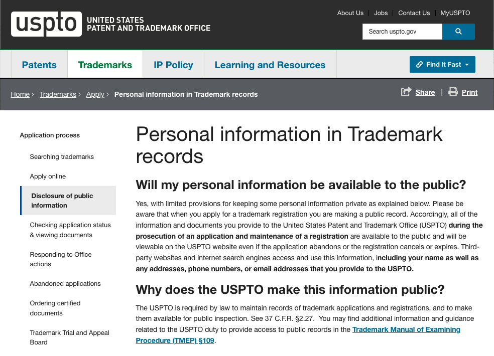 USPTO's web page on Personal Information in Trademark Records
