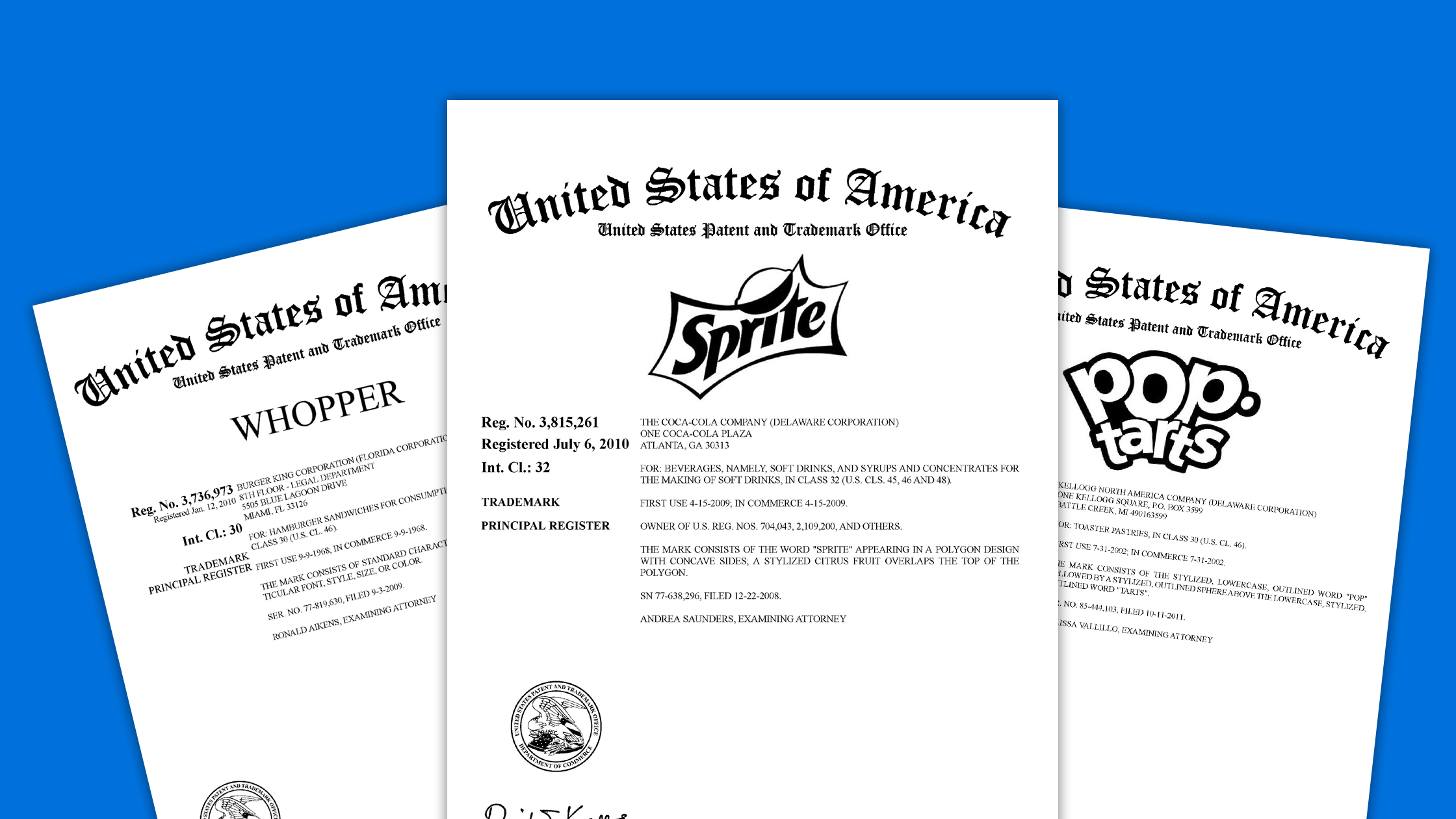 Trademark Registration Certificates for Whopper, Sprite & PopTarts