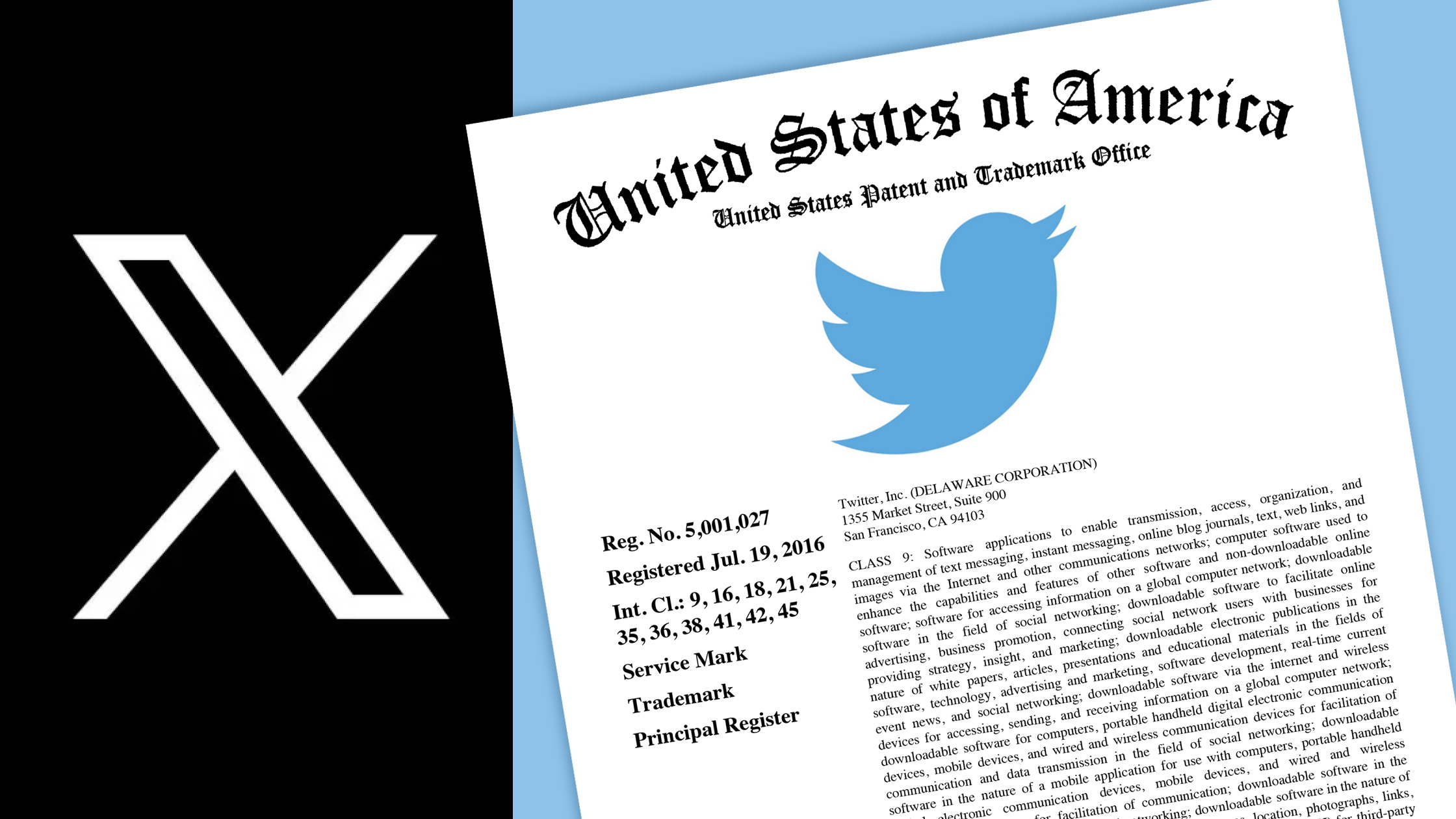 The new X logo and a USPTO trademark registration certificate for Twitter's bird logo.