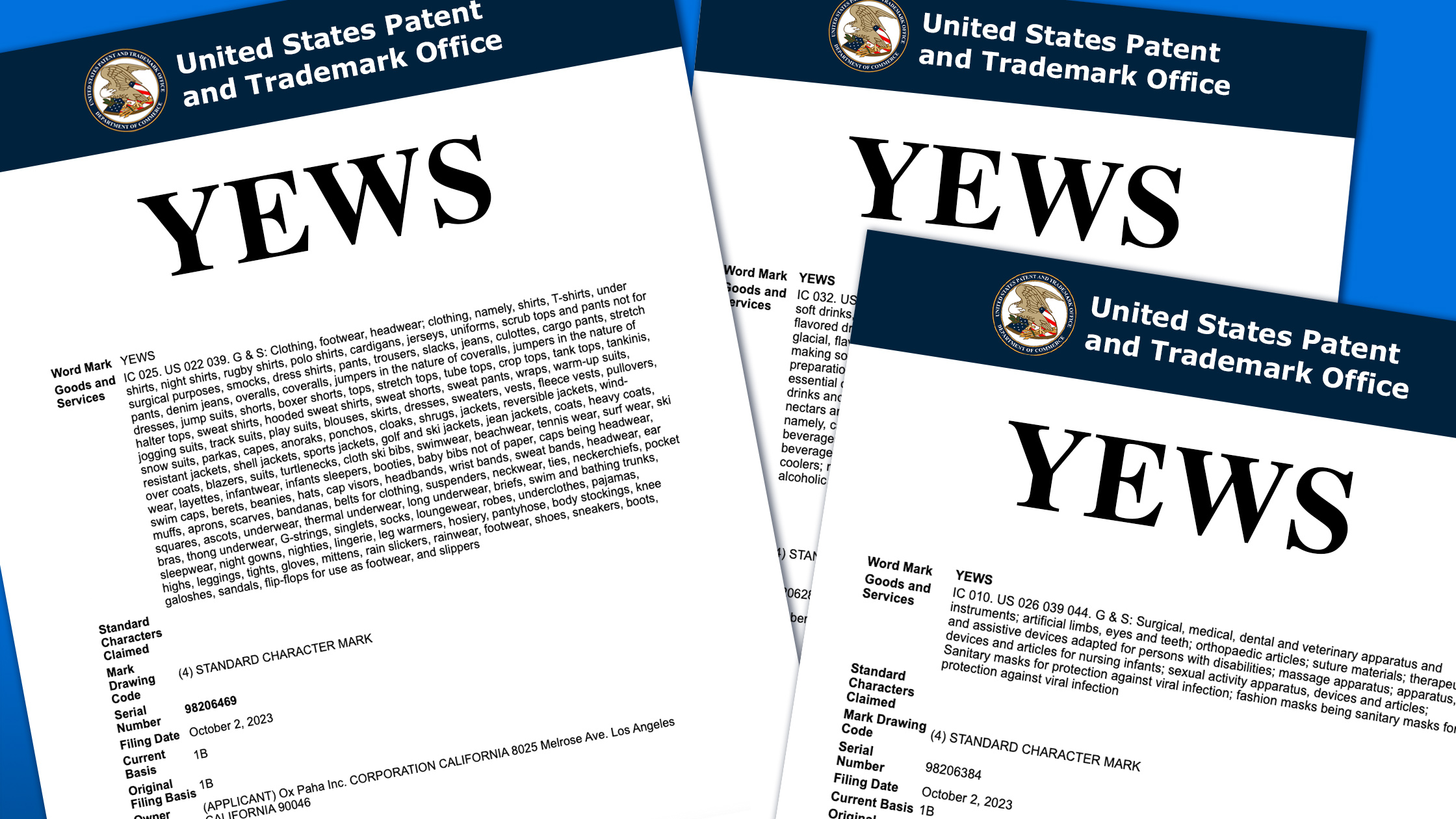A few of Kanye's "YEWS" trademark applications
