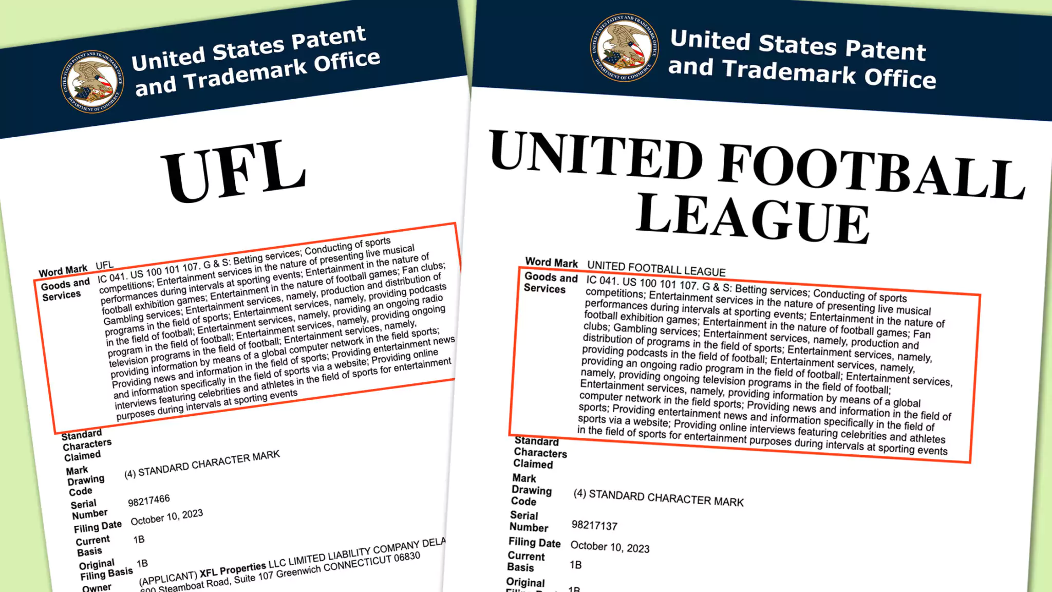 2 XFL trademark applications for UFL