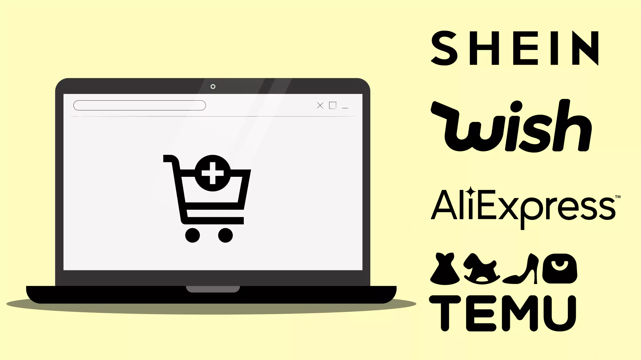 a laptop with a shopping cart image on the screen and these logos: Shein, Wish, AliExpress, and Temu