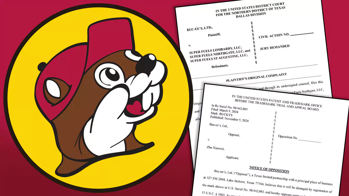 Buc-ee's logo with a Notice of Opposition and lawsuit documents