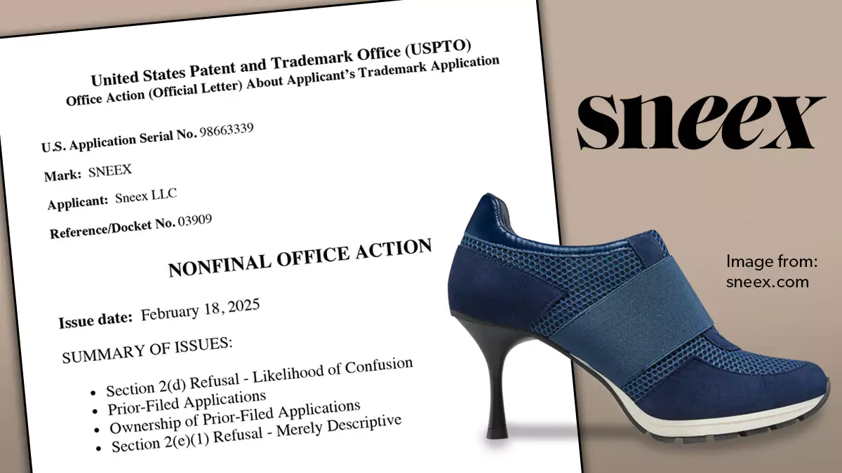 a copy of the USPTO's refusal for SNEEX, the Sneex logo and a picture of a shoe