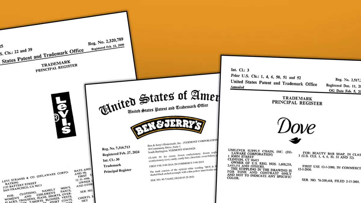 Trademark registration certificates for Levi's, Ben and Jerry's, and Dove soap