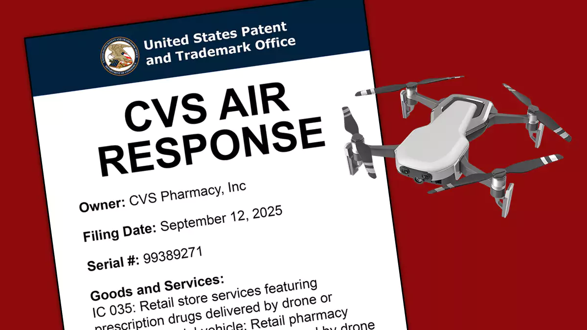 a stylized USPTO trademark application filed by CVS Pharmacy for CVS AIR RESPONSE and a drone