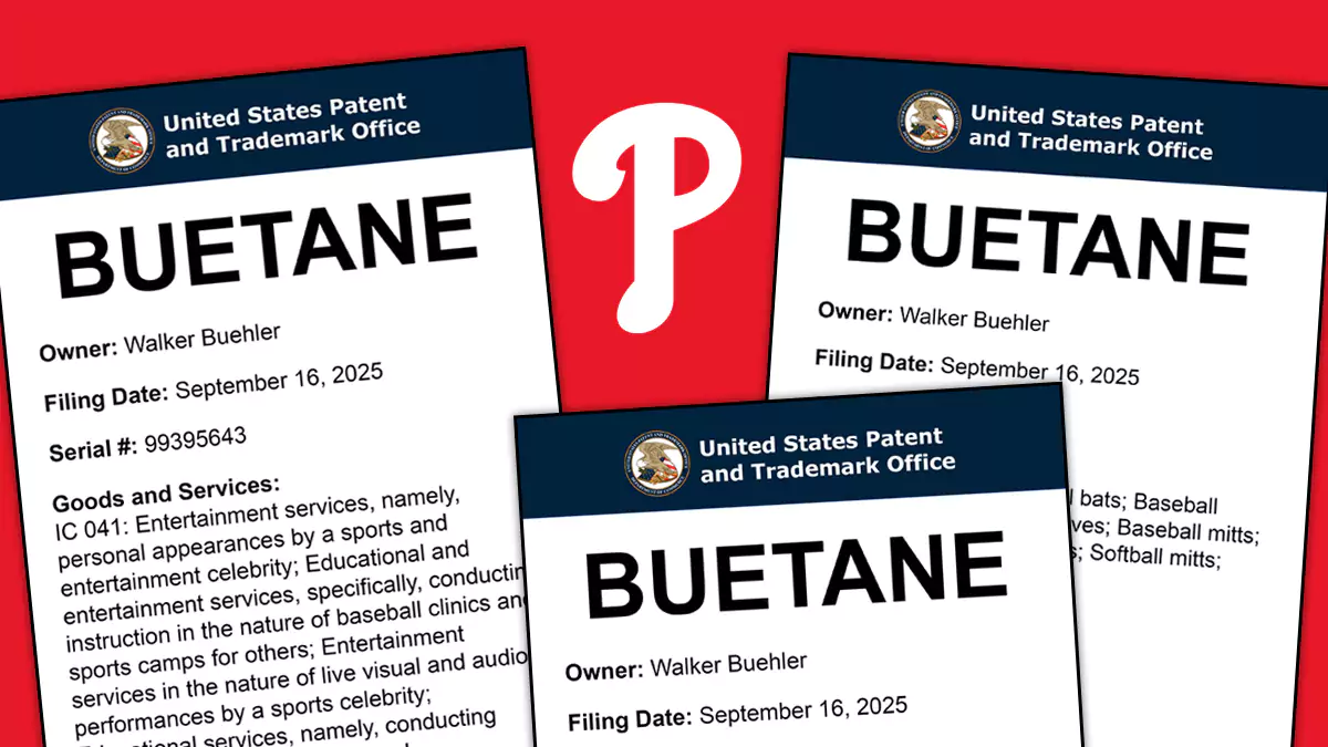 A Phillies P with 3 stylized USPTO trademark applications filed by Walker Buehler for BUETANE