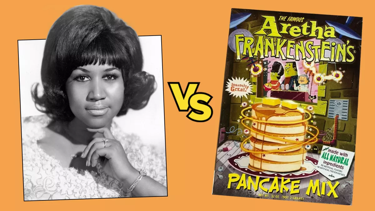A picture of Aretha Franklin vs a box of Aretha Frankenstein's Pancake Mix