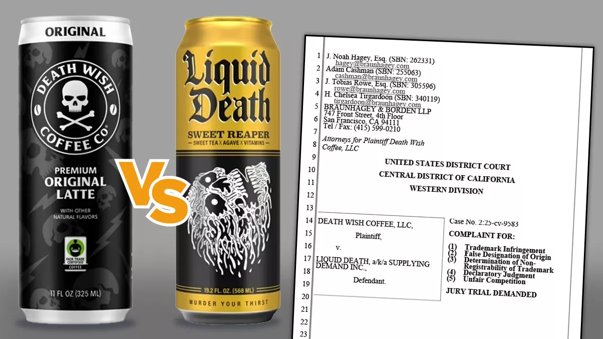 A can of Death Wish Coffee vs a can of Liquid Death Sweet Reaper next to a the cover page of the Death Wish Coffee v Liquid Death lawsuit