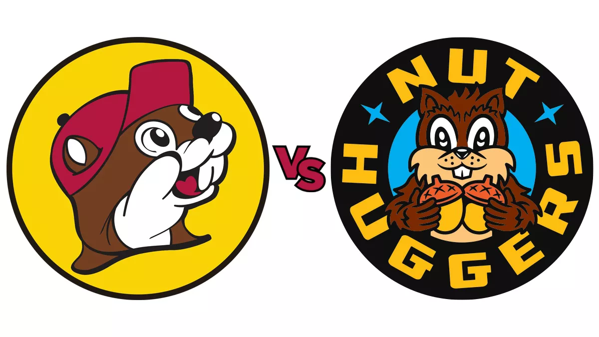 Buc-ee's logo, consisting of a yellow circle containing a beaver head wearing a red cap vs Nut Huggers logo, consisting of a circle with a squirrel holding 2 acorns in the center and the words Nut Huggers around it.