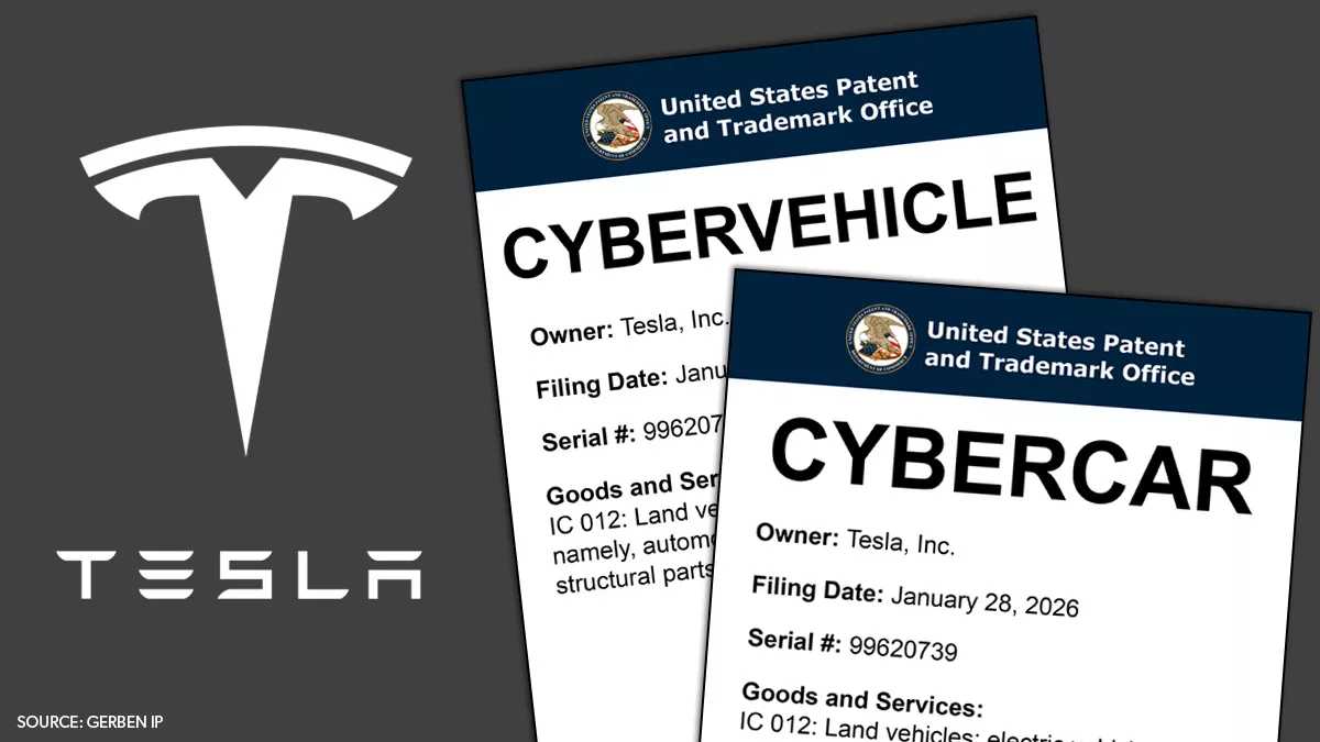 Tesla logo and 2 stylized USPTO Trademark Applications, filed by Tesla Inc in January 28, 2026 for 'CYBERVEHICLE' and 'CYBERCAR' Source: Gerben IP