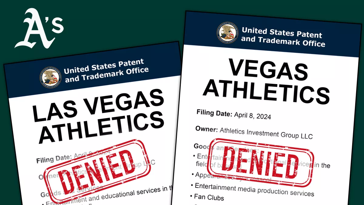 Athletics' A logo with 2 stylized USPTO trademark applications for 'Las Vegas Athletics' and 'Vegas Athletics' with DENIED stamps on them