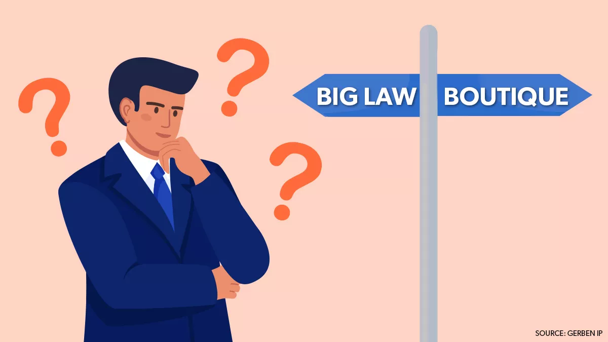 A man in a suit with hand under his chin in a thinking pose, with 3 question marks around him. He's standing in front of a sign that points to the left and says 'BIG LAW.' There's also a sign that points to the right that says 'BOUTIQUE.' Source: Gerben IP