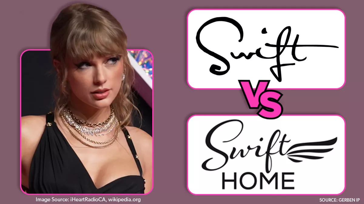 A picture of Taylor Swift and two logos, one for Swift and one for Swift Home with a vs inbetween them