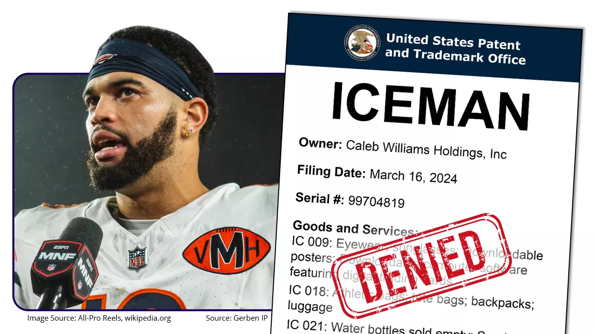 Caleb Williams with a depiction of his Iceman Trademark Filing with a Denied stamp on it
