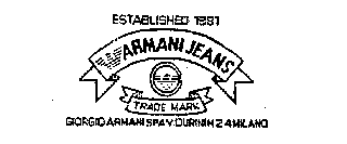 ESTABLISHED 1981 ARMANI JEANS TRADE MARK GIORGIO ARMANI SPAV DURINI 24 MILANO